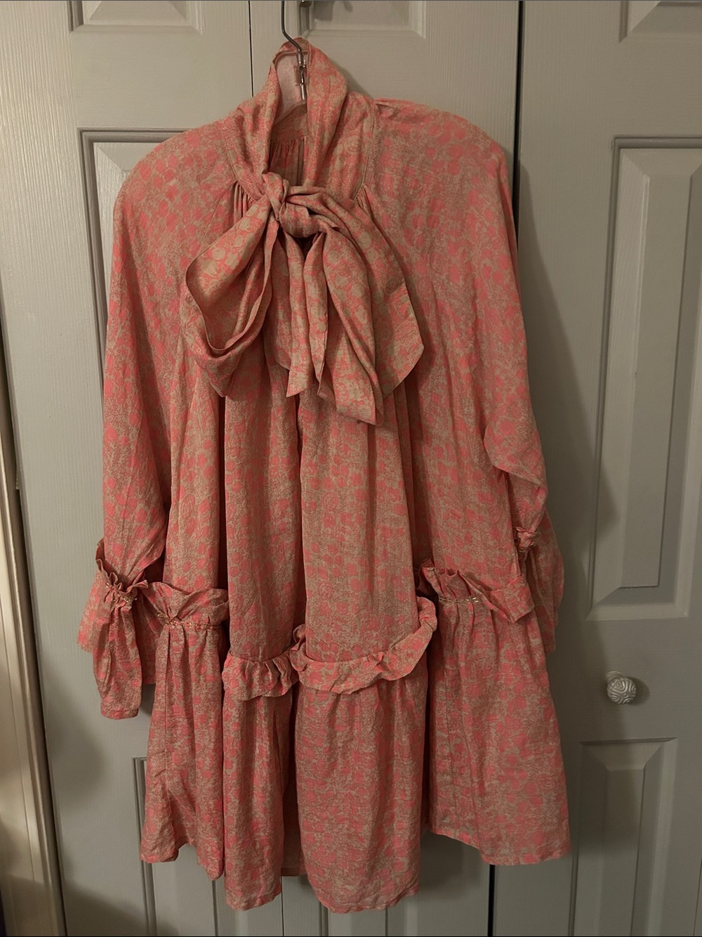 Yvonne S, Pink Floral Baby Doll Tie-Neck Ruffle Dress, sz L